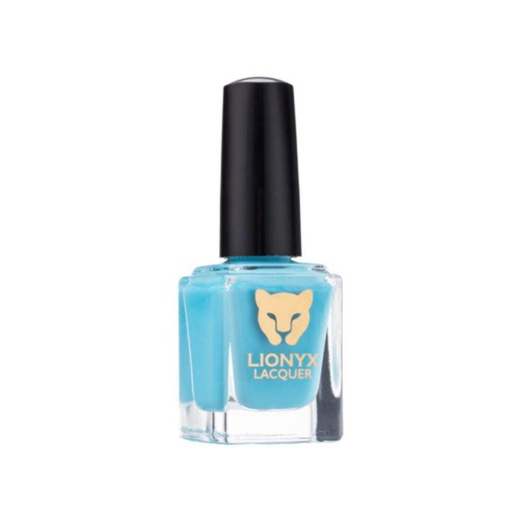 Close-up of BABY BLUES by LIONYX Lacquer, a baby blue crème nail polish.