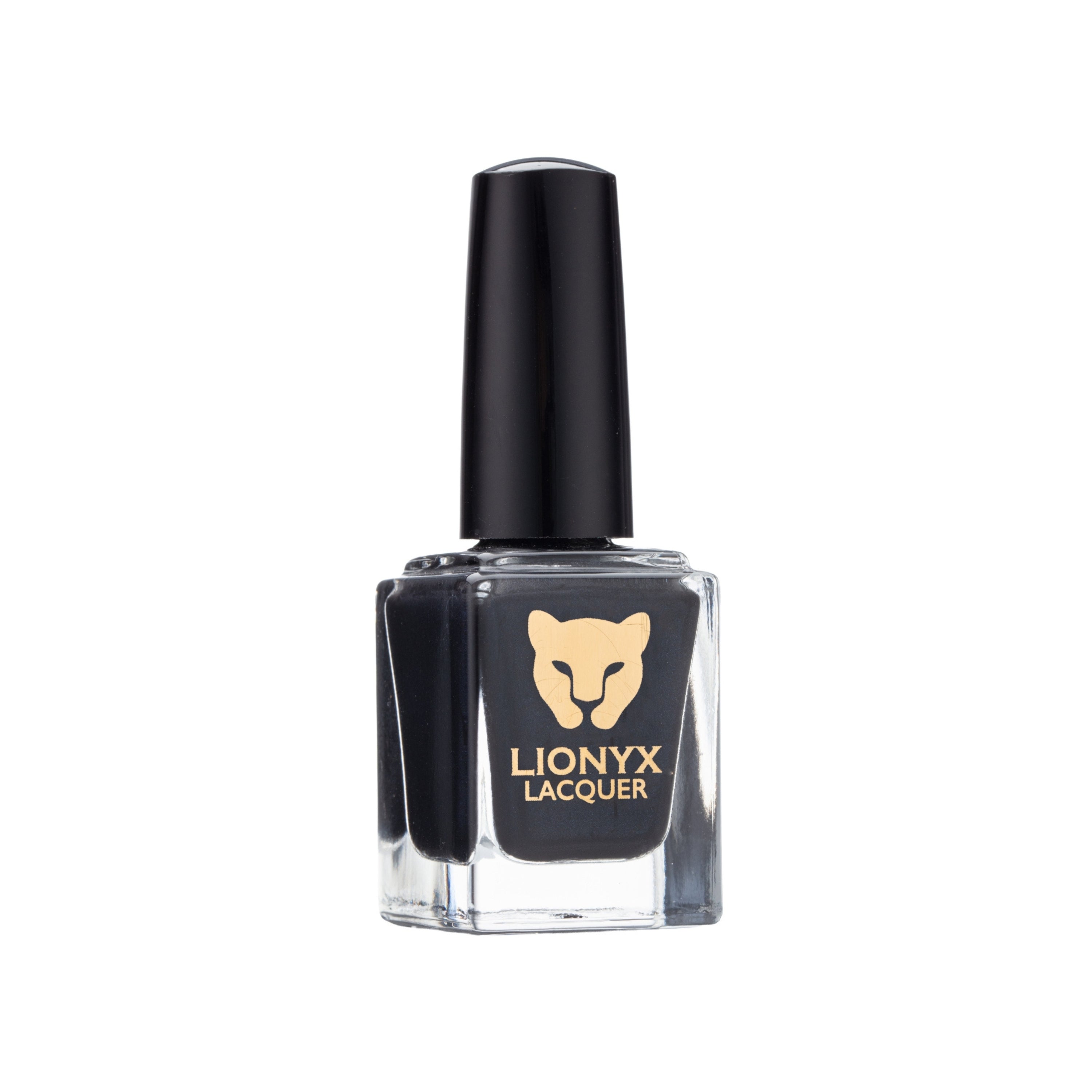 Close-up of LITTLE BLACK POLISH by LIONYX Lacquer, a black pearl nail polish.