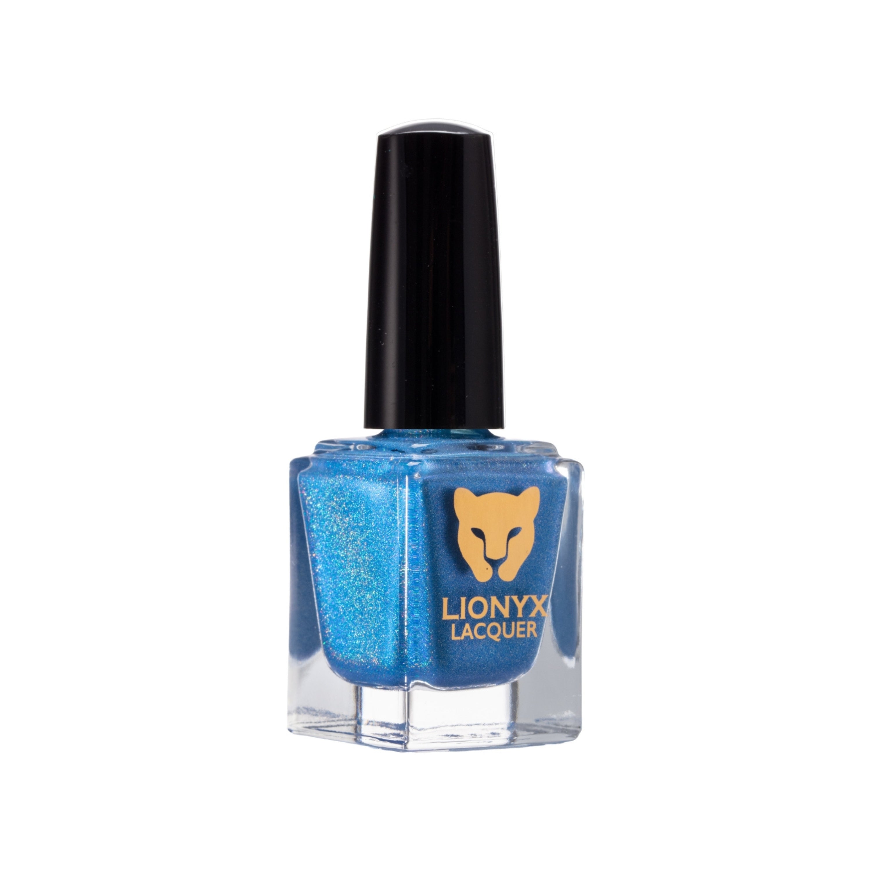 Close-up of OUT OF THEIR LEAGUE by LIONYX Lacquer, a sapphire blue holographic nail polish.