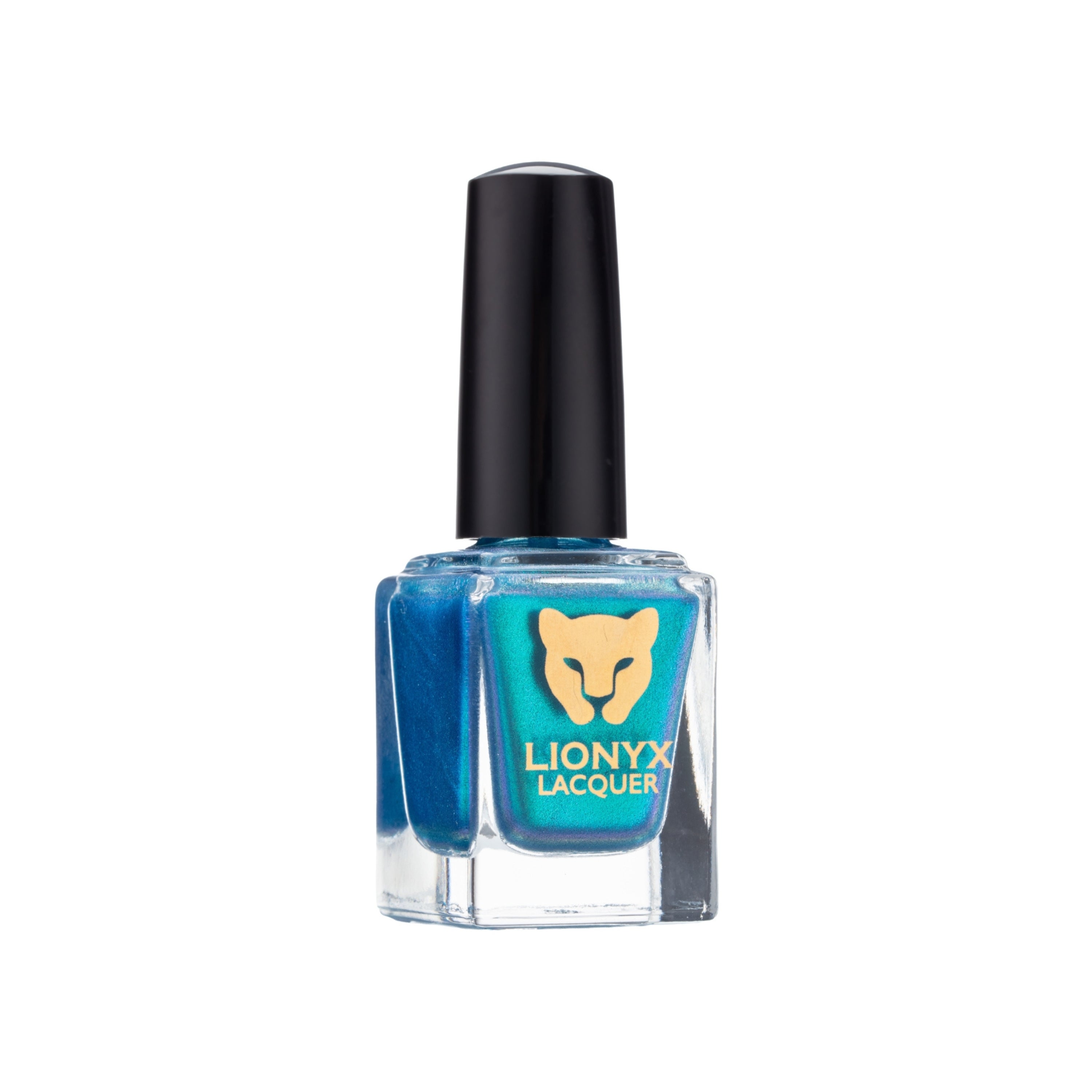 Close-up of COSMIC CURRENT by LIONYX Lacquer, a multichrome nail polish with blue, turquoise, and purple color shifts.