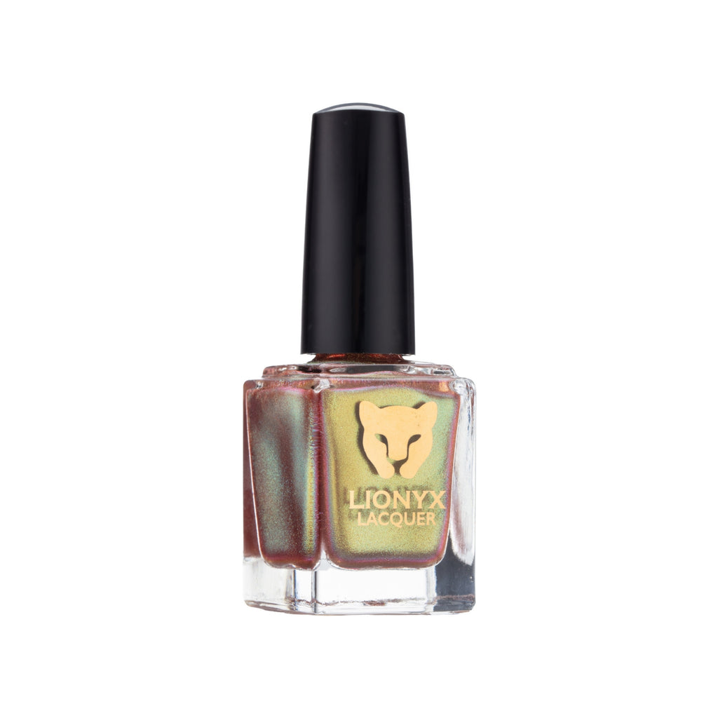 Close-up of GILDED DESIRE by LIONYX Lacquer, a multichrome nail polish with molten gold, green, and red color shifts.