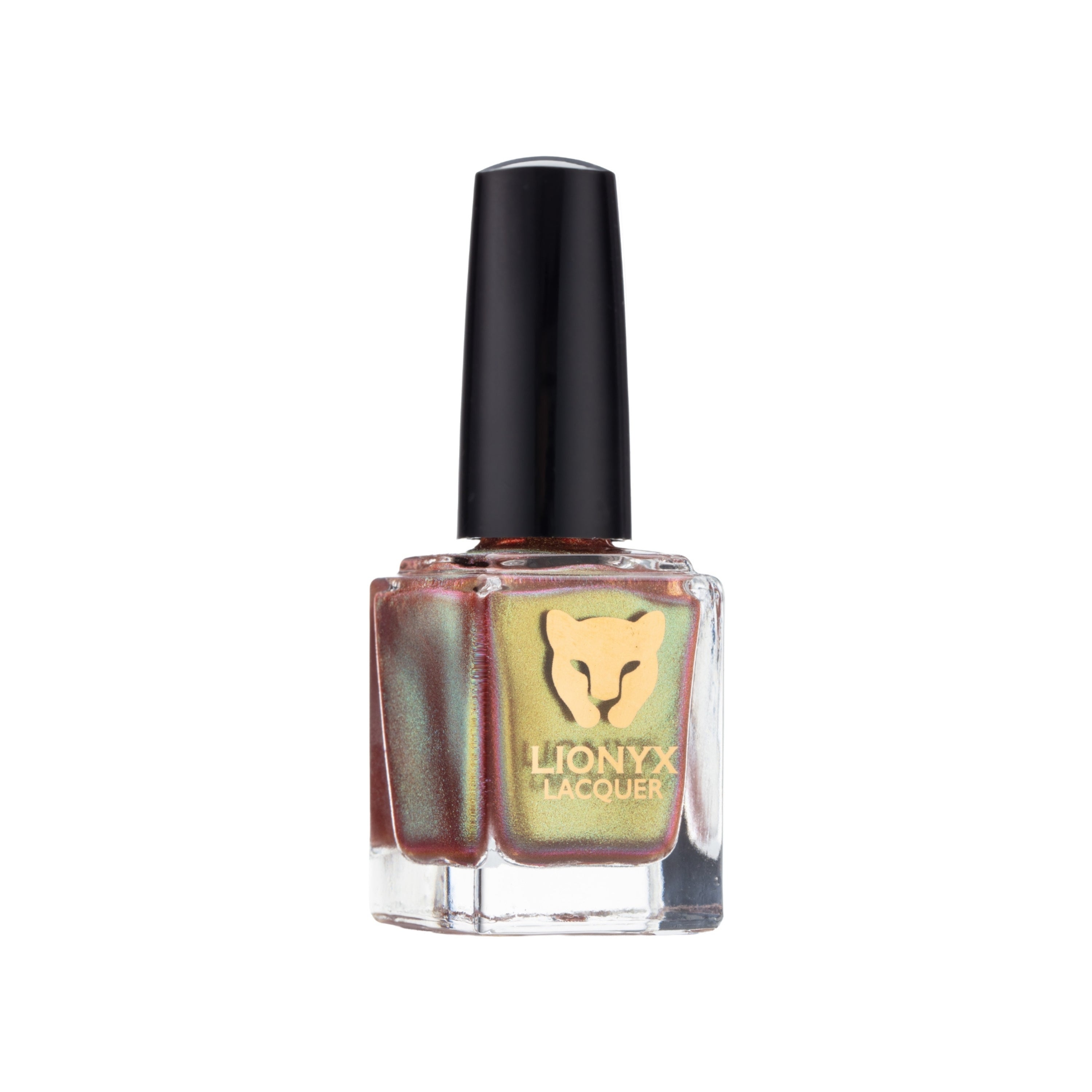 Close-up of GILDED DESIRE by LIONYX Lacquer, a multichrome nail polish with molten gold, green, and red color shifts.