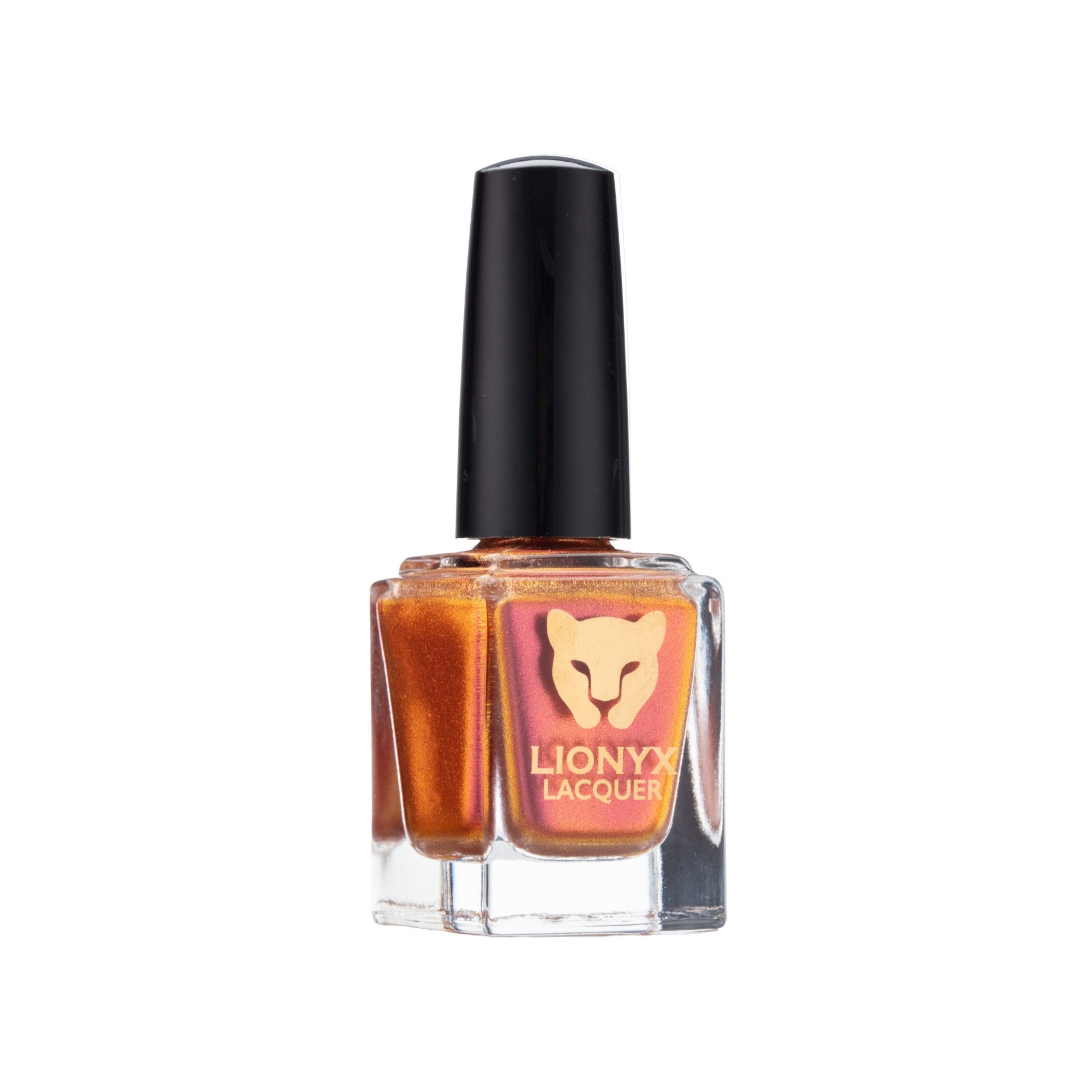 Close-up of HEAT OF THE MOMENT by LIONYX Lacquer, a multichrome nail polish with red, orange, and pink color shifts.