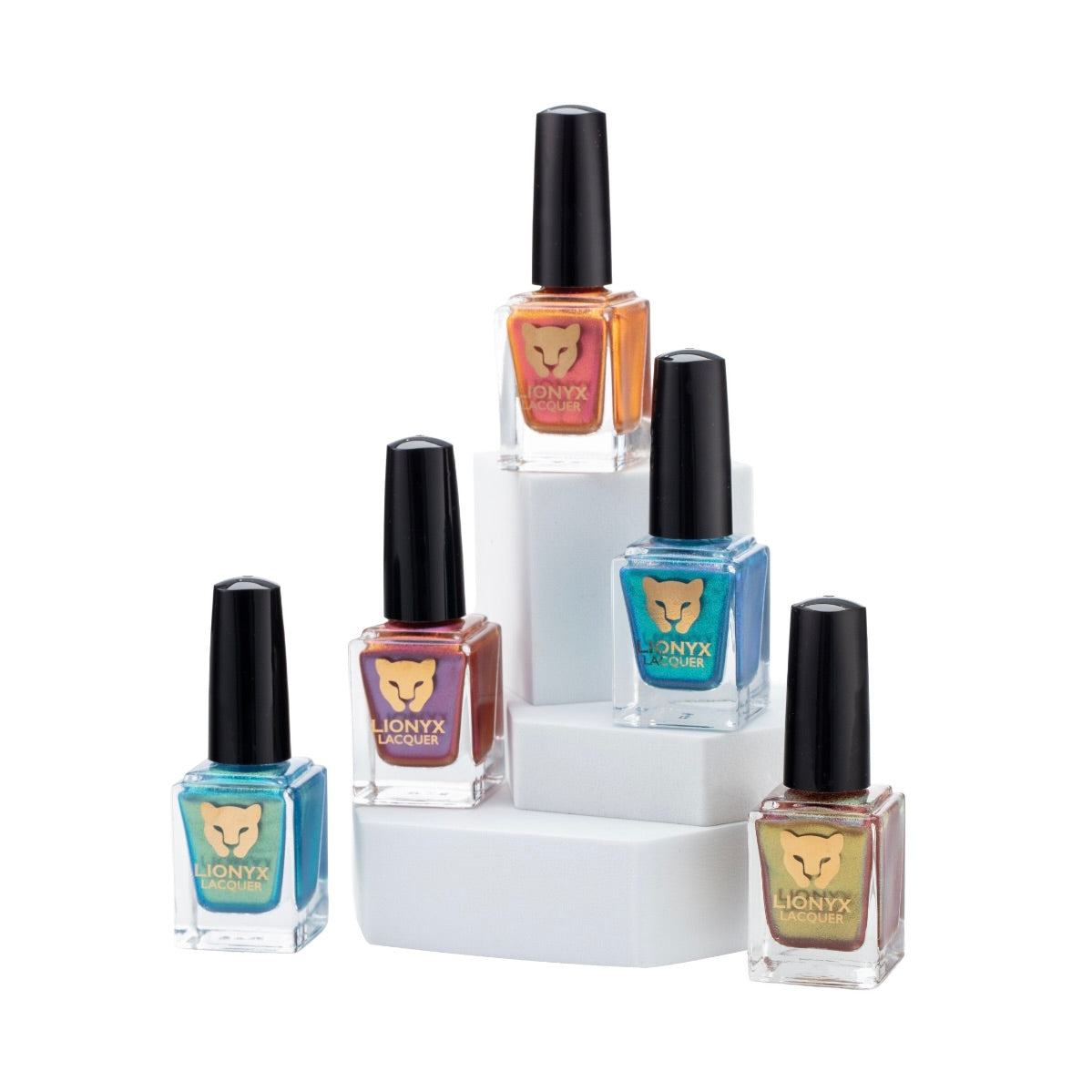 Close-up of SHIFT HAPPENS by LIONYX Lacquer, a multichrome nail polish set featuring five color-shifting shades.