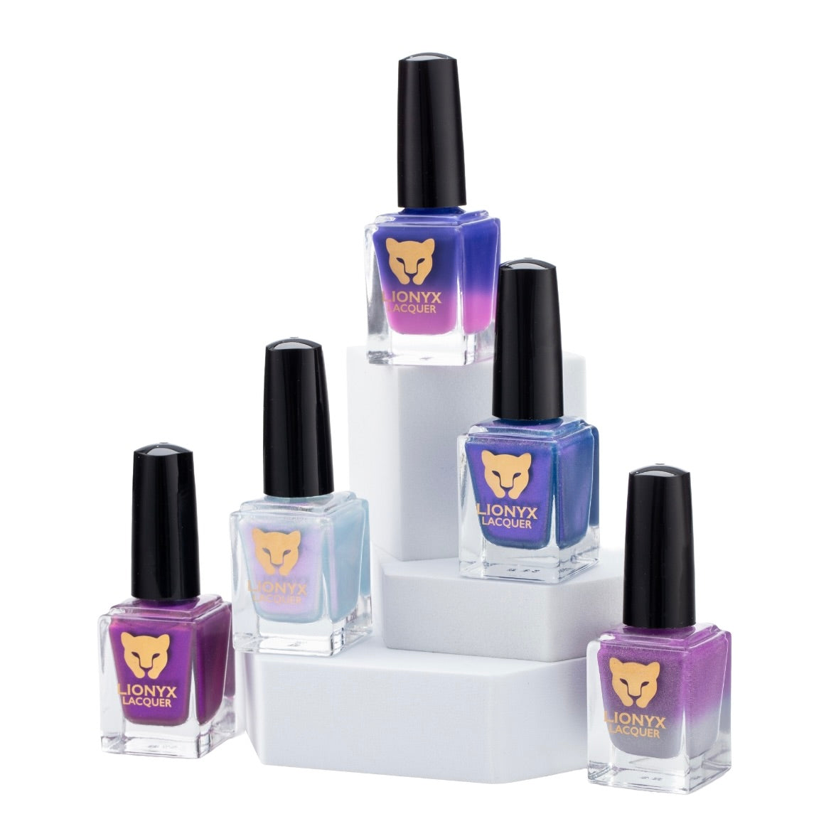 Close-up of CROWN OF THE PRIDE by LIONYX Lacquer, a purple nail polish set featuring five specialty finishes.