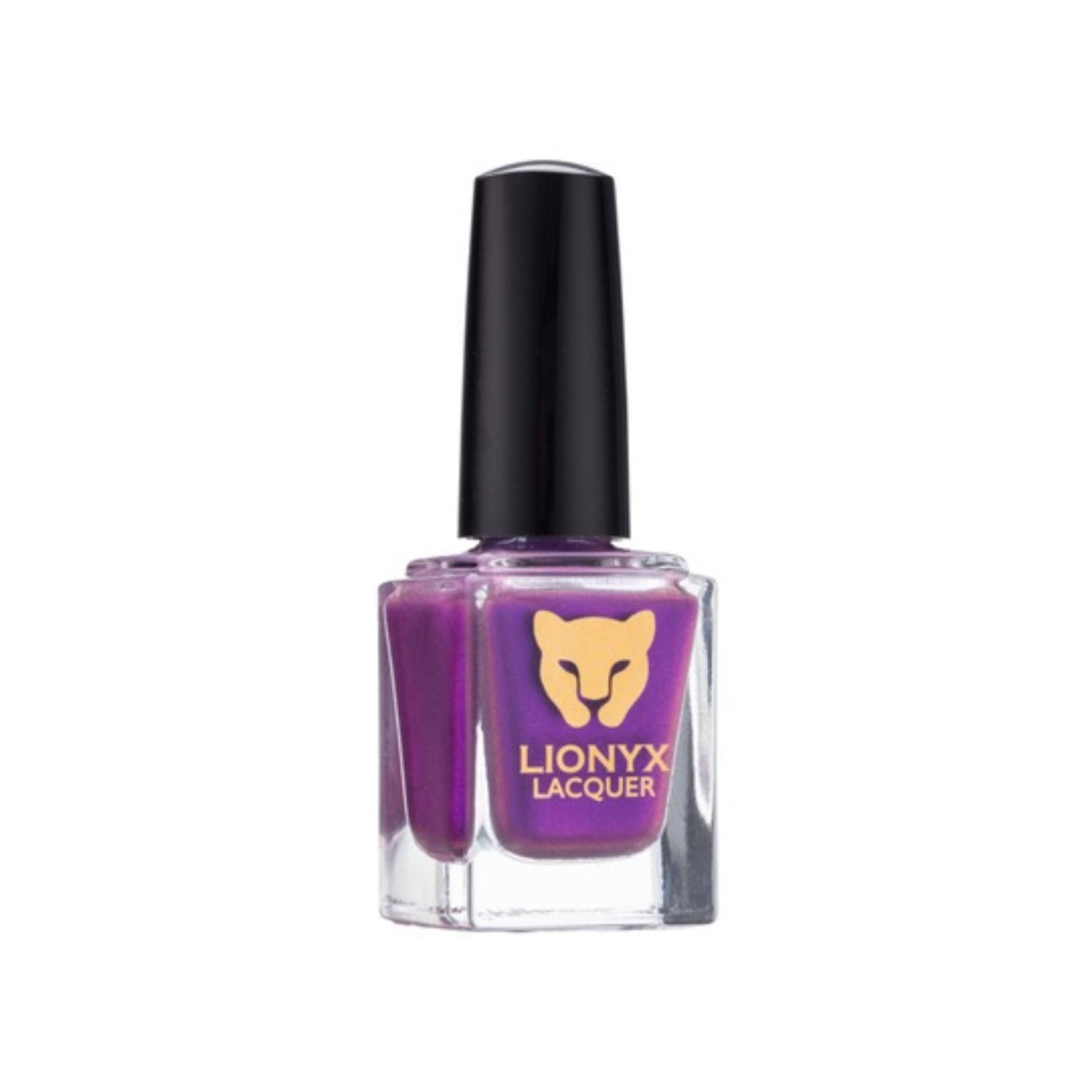 Close-up of UNTAMED by LIONYX Lacquer, a vibrant purple shimmer nail polish with fuchsia shimmer.