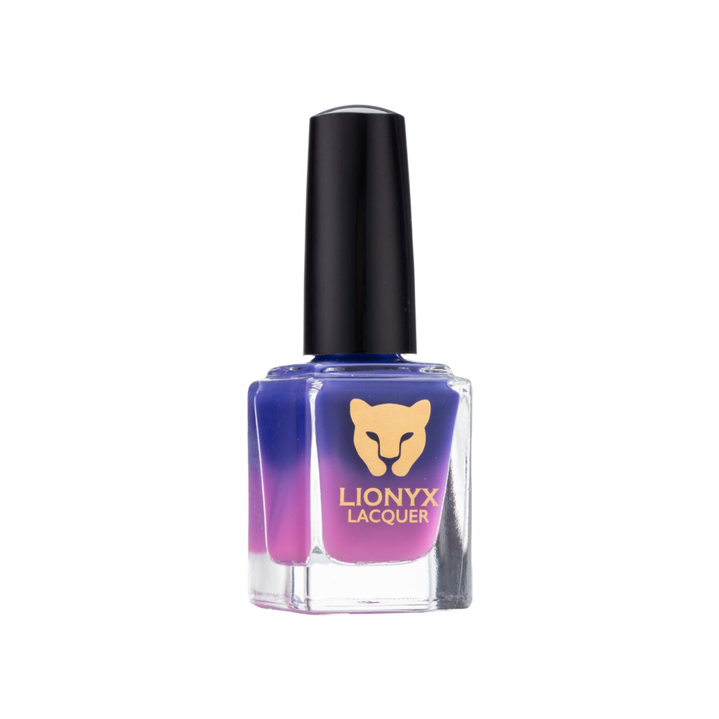 Close-up of PLOT TWIST by LIONYX Lacquer, a thermal nail polish that transitions from dark purple to light purple.